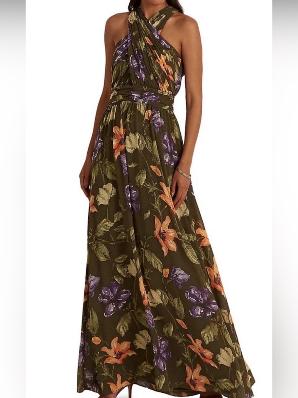 Ralph Lauren Olive One-Shoulder Floral Maxi Dress